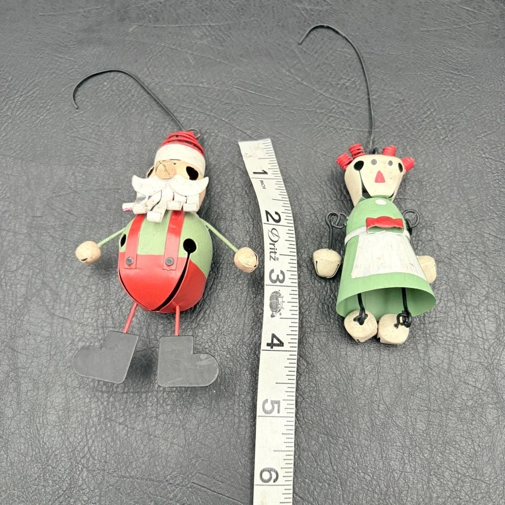 Vintage Style Metal Jingle Bell Santa and Mrs Claus Christmas Ornaments Set of 2